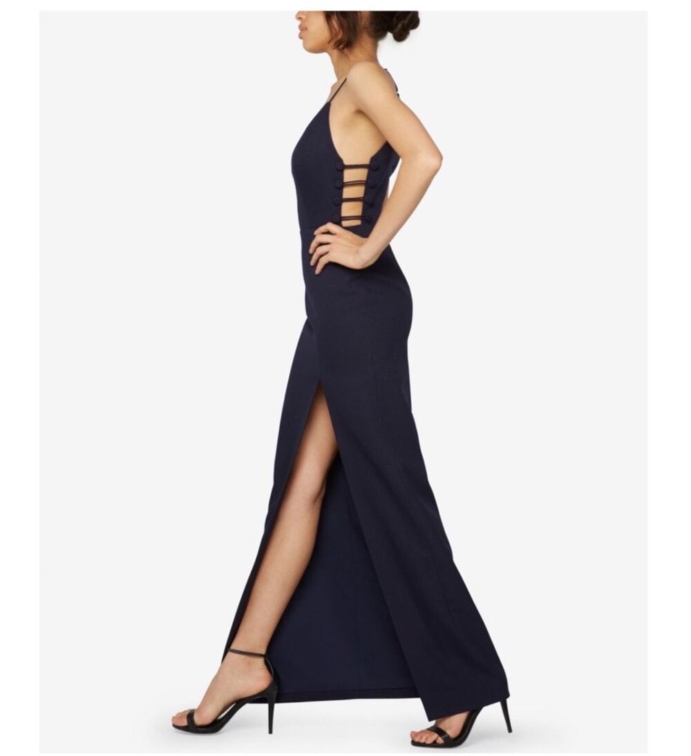 FAME AND PARTNERS Dress Size 0 Maxi Gown Navy Side Slit Buttons Evening NWT
